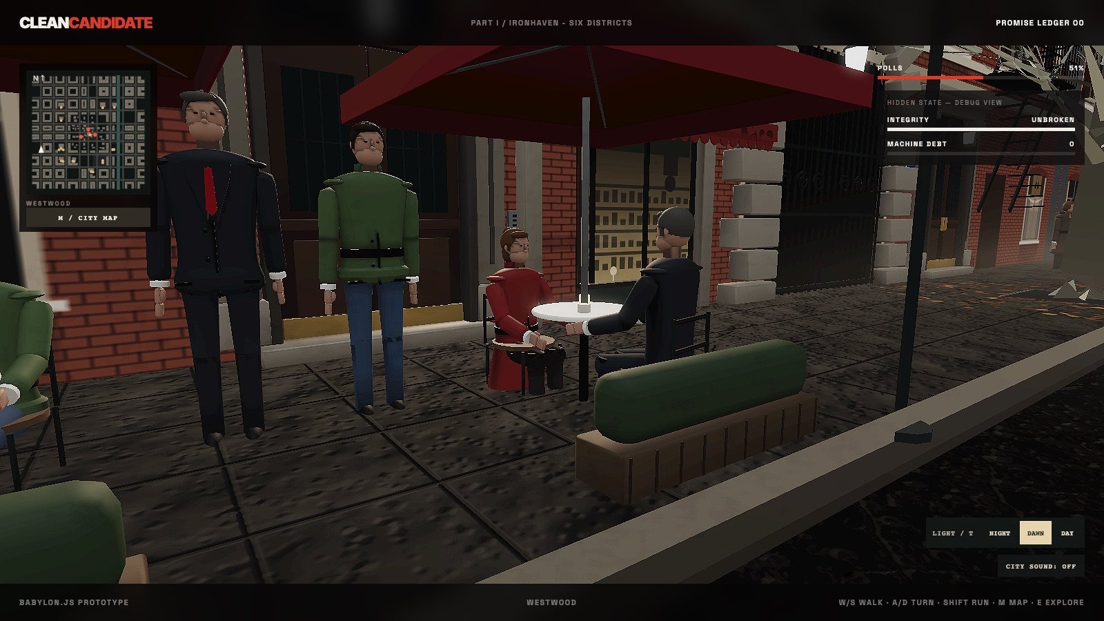 Clean Candidate, game screen: Westwood, café