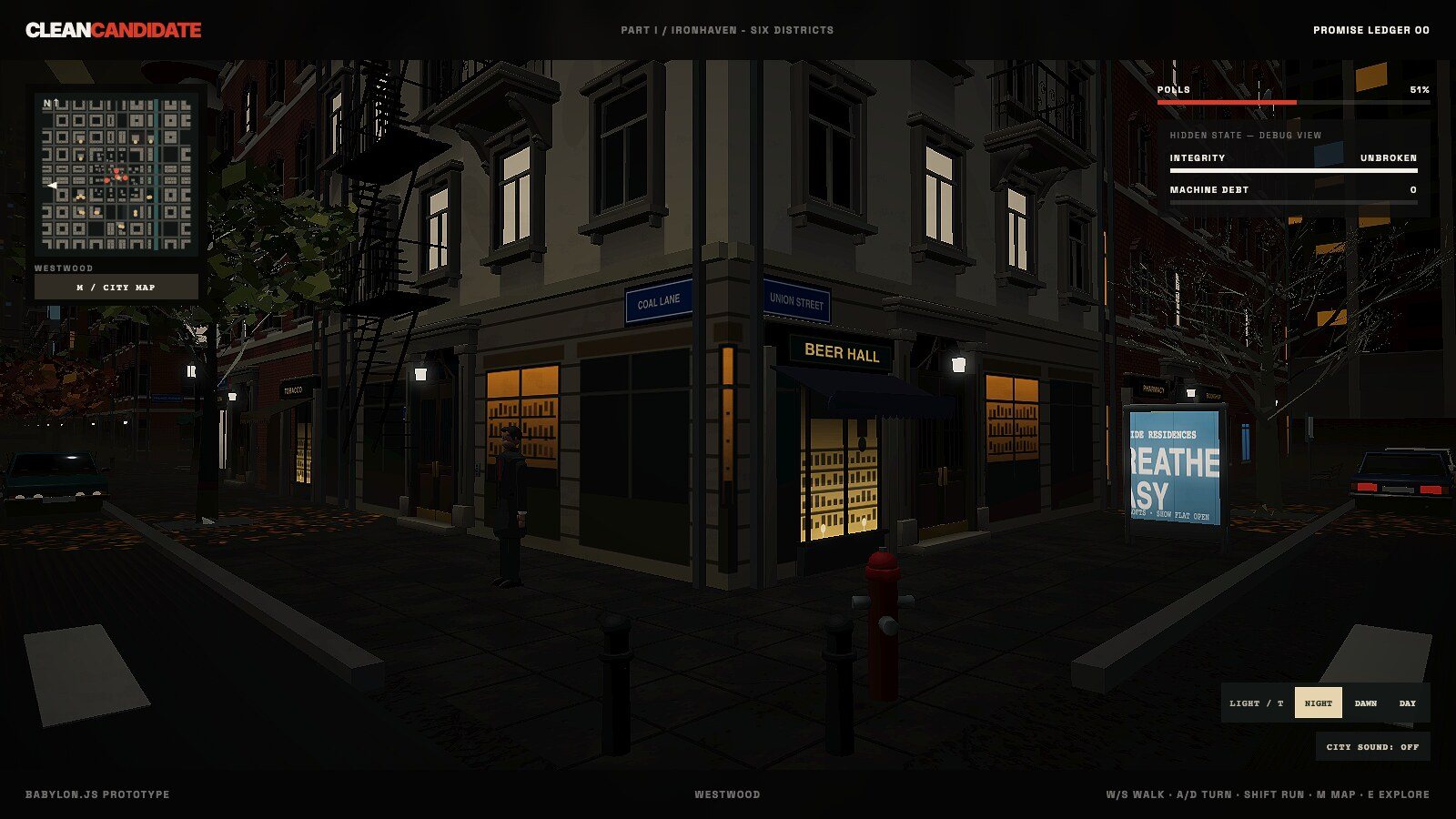 Clean Candidate, game screen: A corner after dark