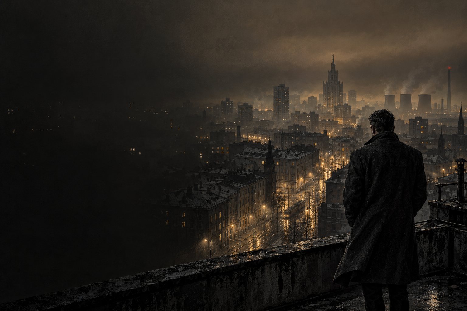 A man in a coat on a rooftop above a city at night