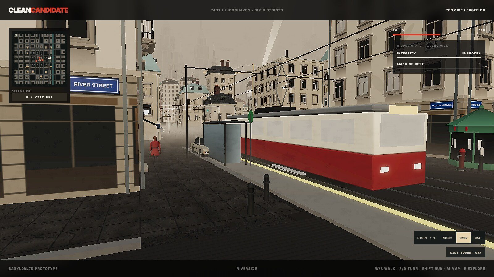 Clean Candidate, game screen: Riverside, tram stop