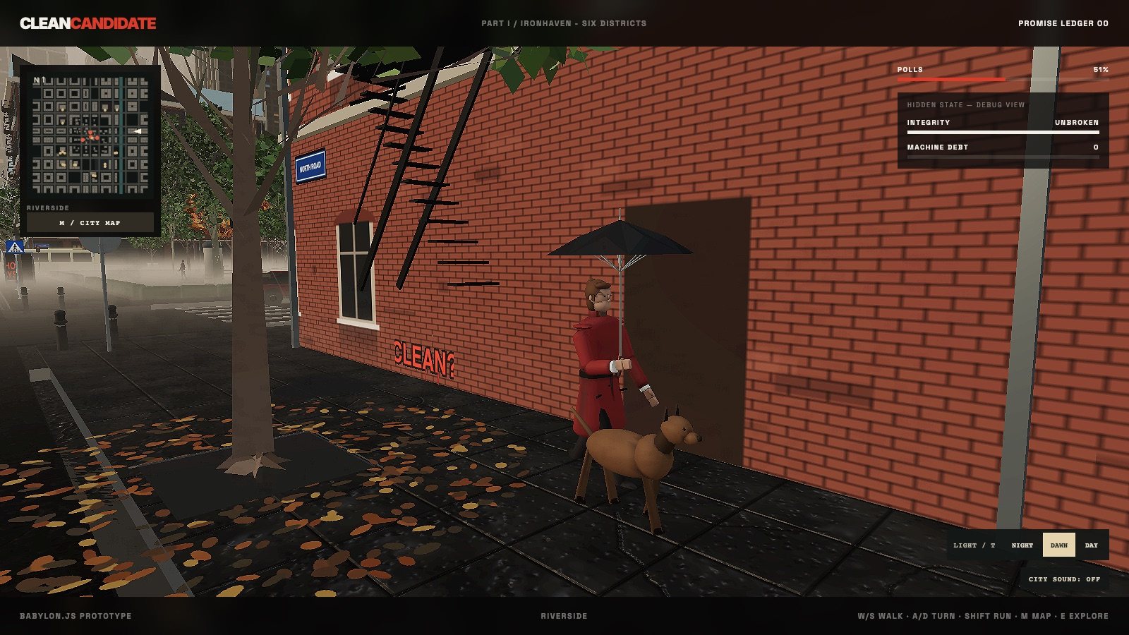Clean Candidate, game screen: Riverside, rain