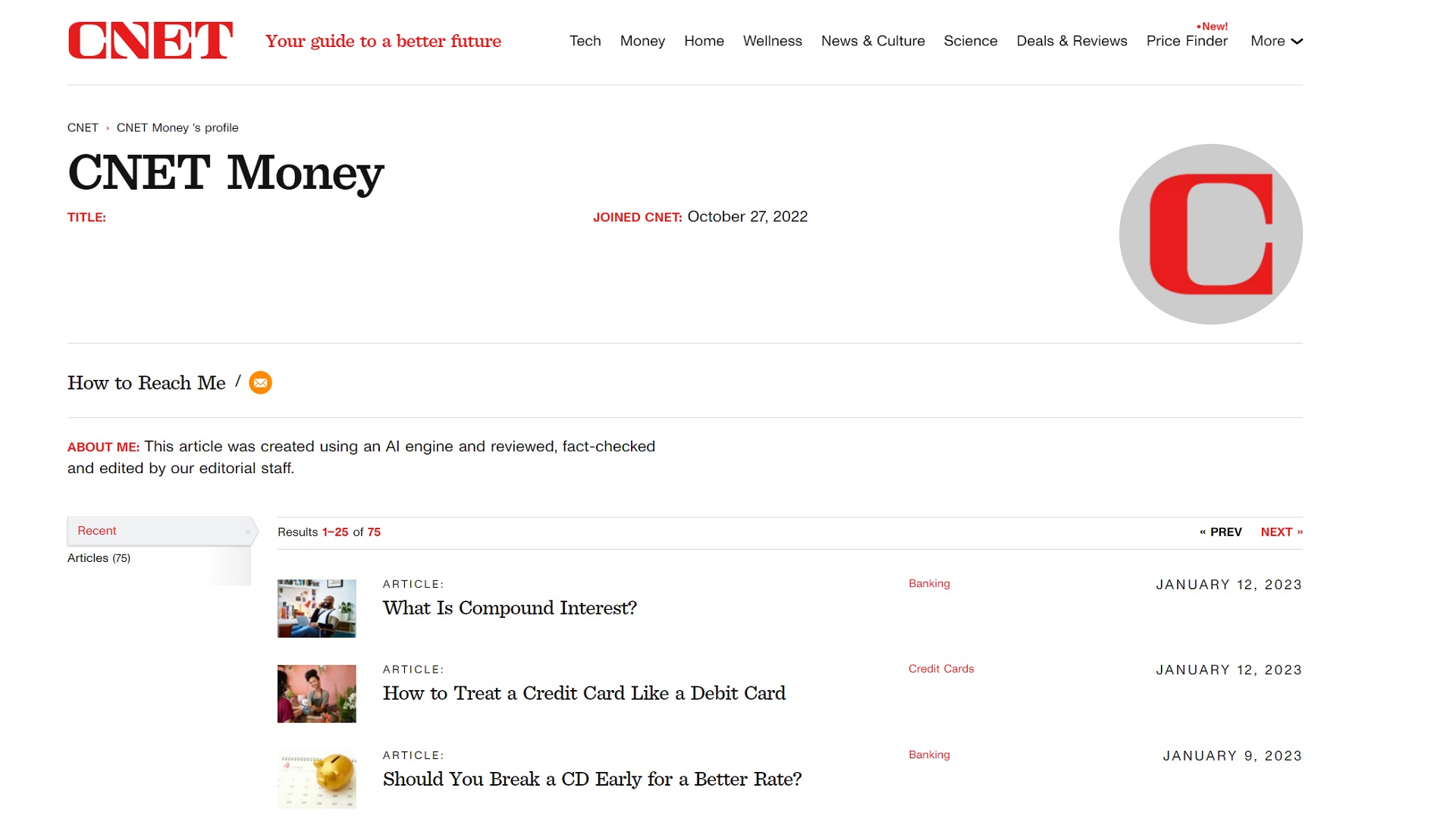 Screenshot documenting the CNET Money Staff AI disclosure: articles created using an AI engine and reviewed by editorial staff.