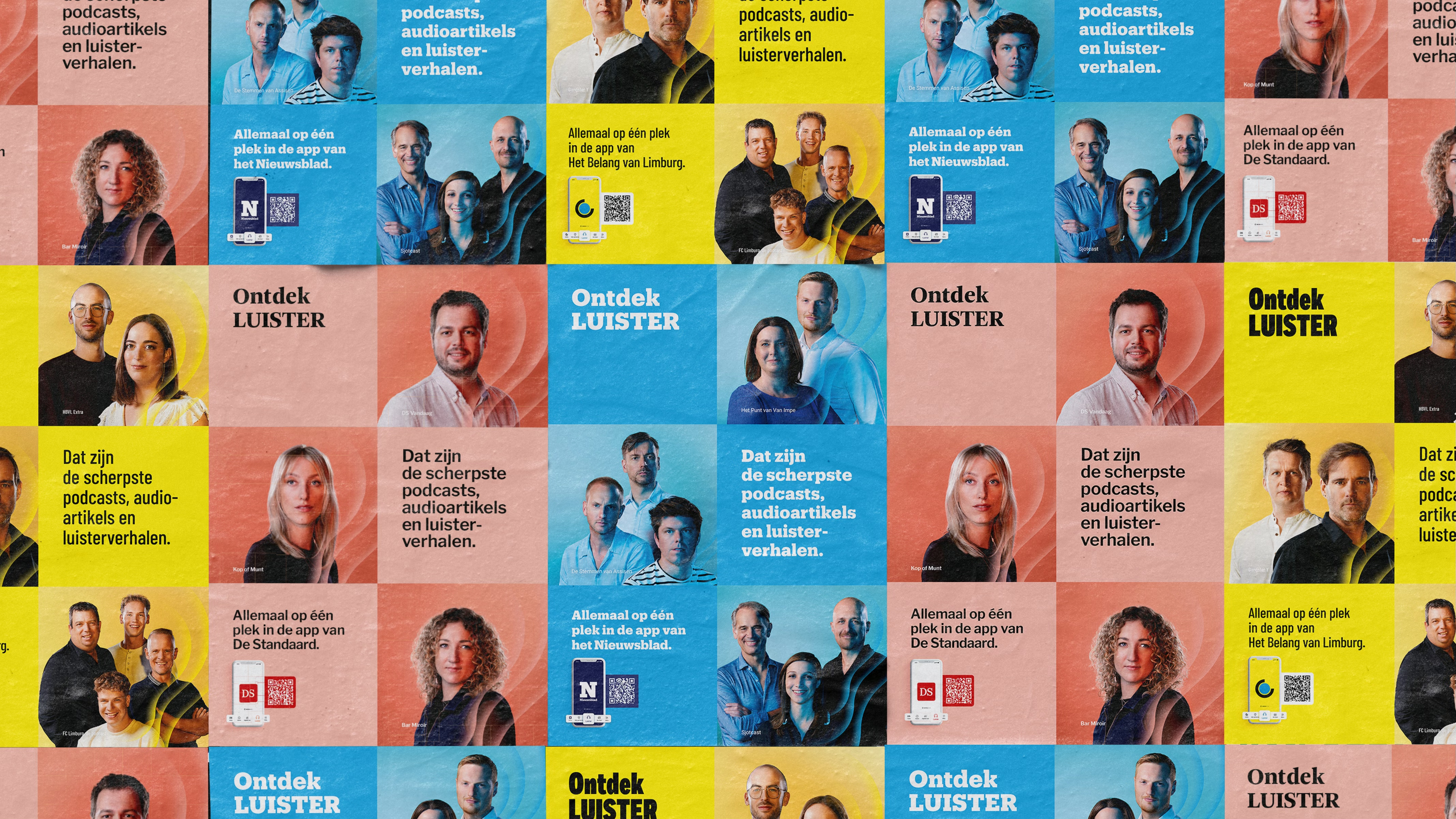 Luister campaign collage showing Mediahuis audio journalism promoted through real hosts, voices, and subscription apps.