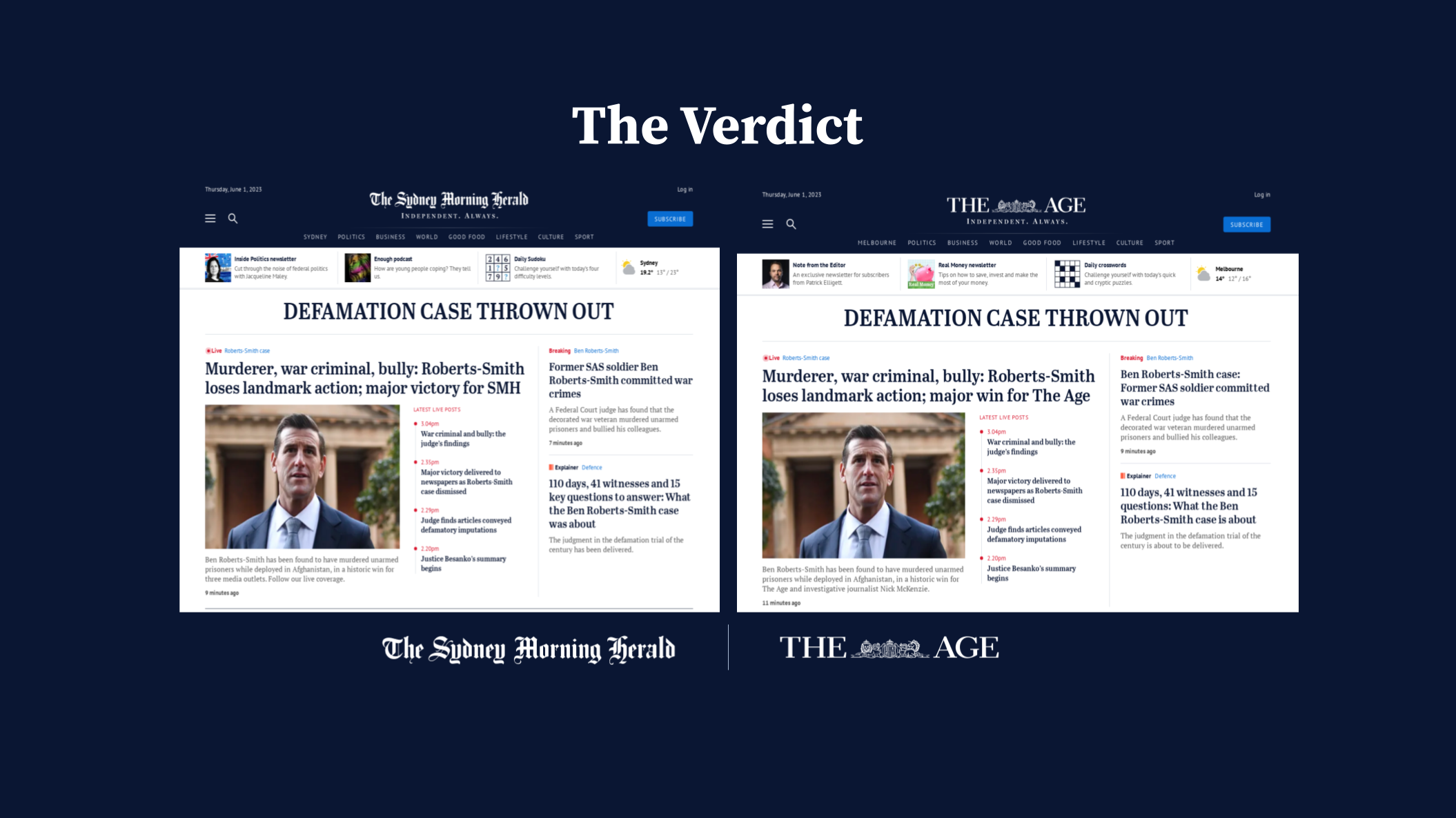 Pull-quote frame from the SMH/The Age post-verdict campaign coverage.
