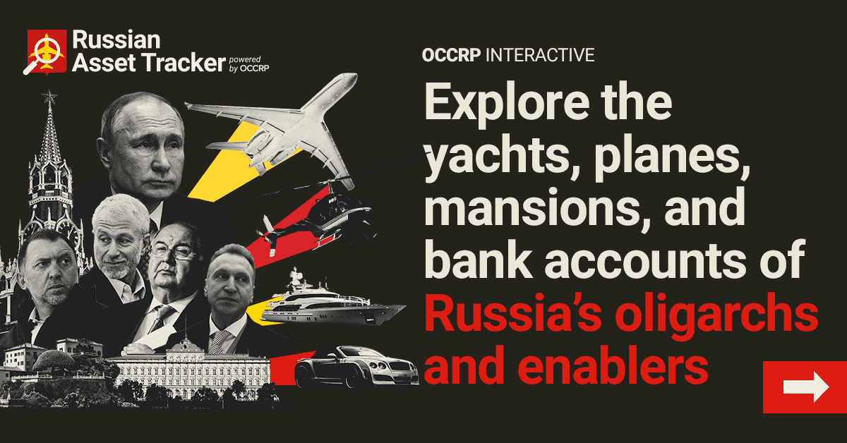 OCCRP's Russian Asset Tracker visual, representing the searchable database of assets linked to sanctioned Russian figures and oligarch networks.