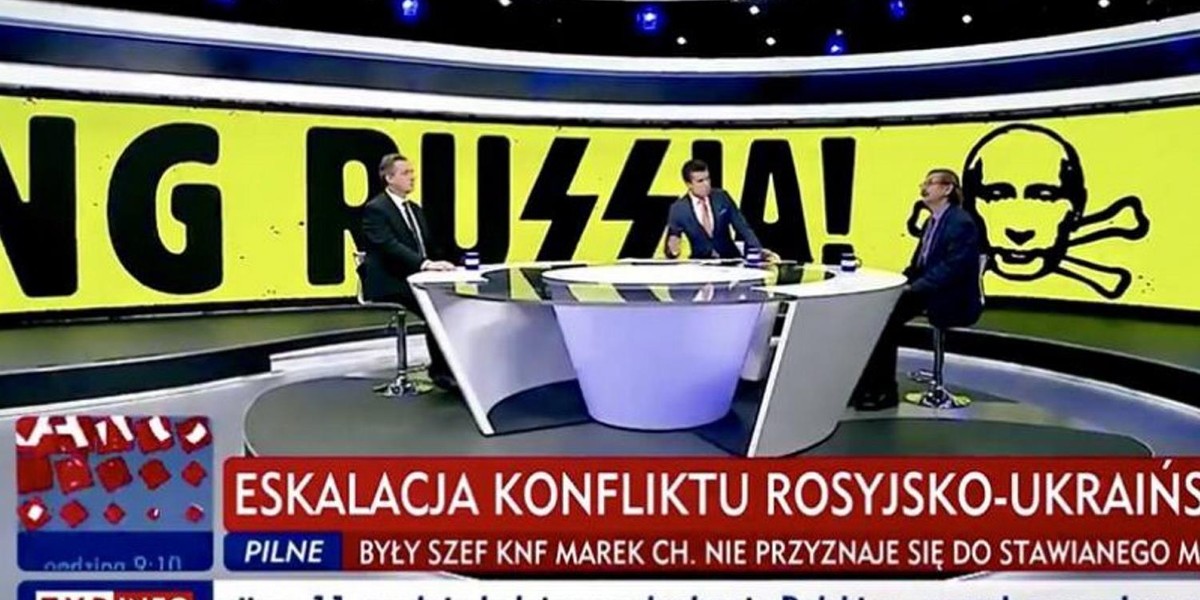 Screenshot from a TVP Info *Minela 20* broadcast graphic in 2018, documented by Fakt, showing the channel's PiS-era propagandistic visual language.