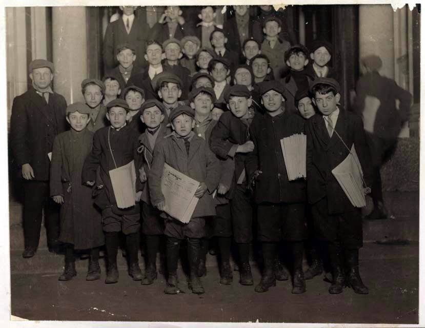 Newsboys waiting outside the Forward building, Lower East Side, March 1913.