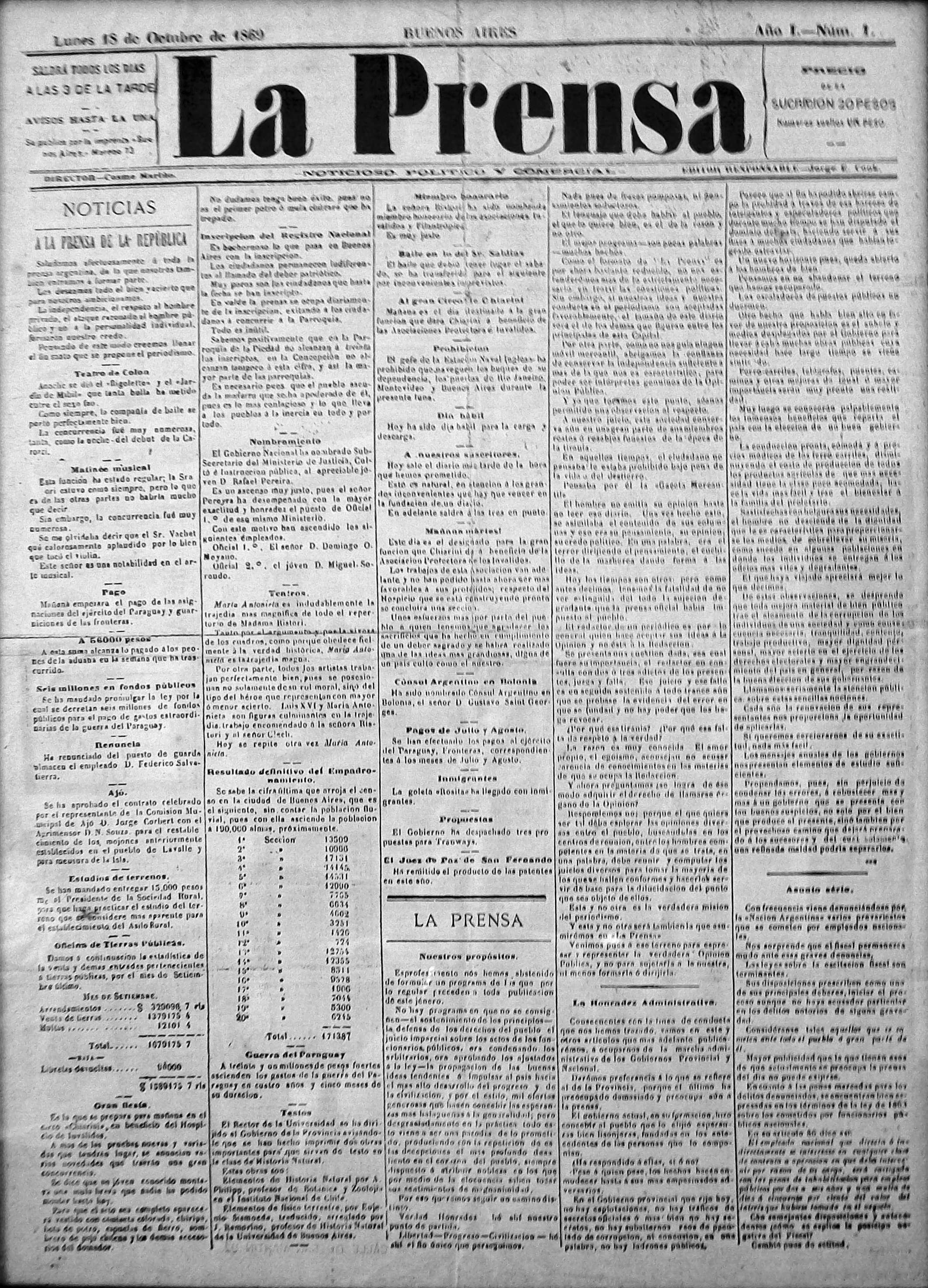 First issue of La Prensa, Buenos Aires, 18 October 1869.