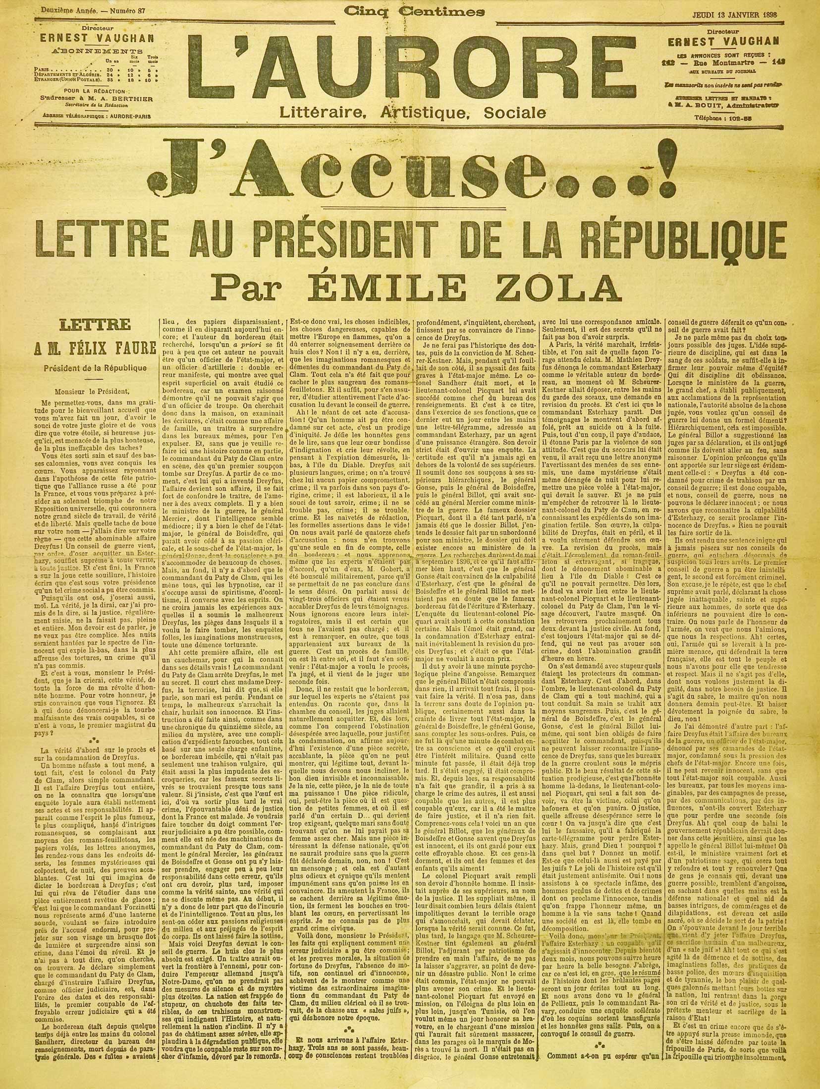 Front page of L'Aurore, 13 January 1898 — Émile Zola's J'Accuse...! open letter on the Dreyfus Affair.
