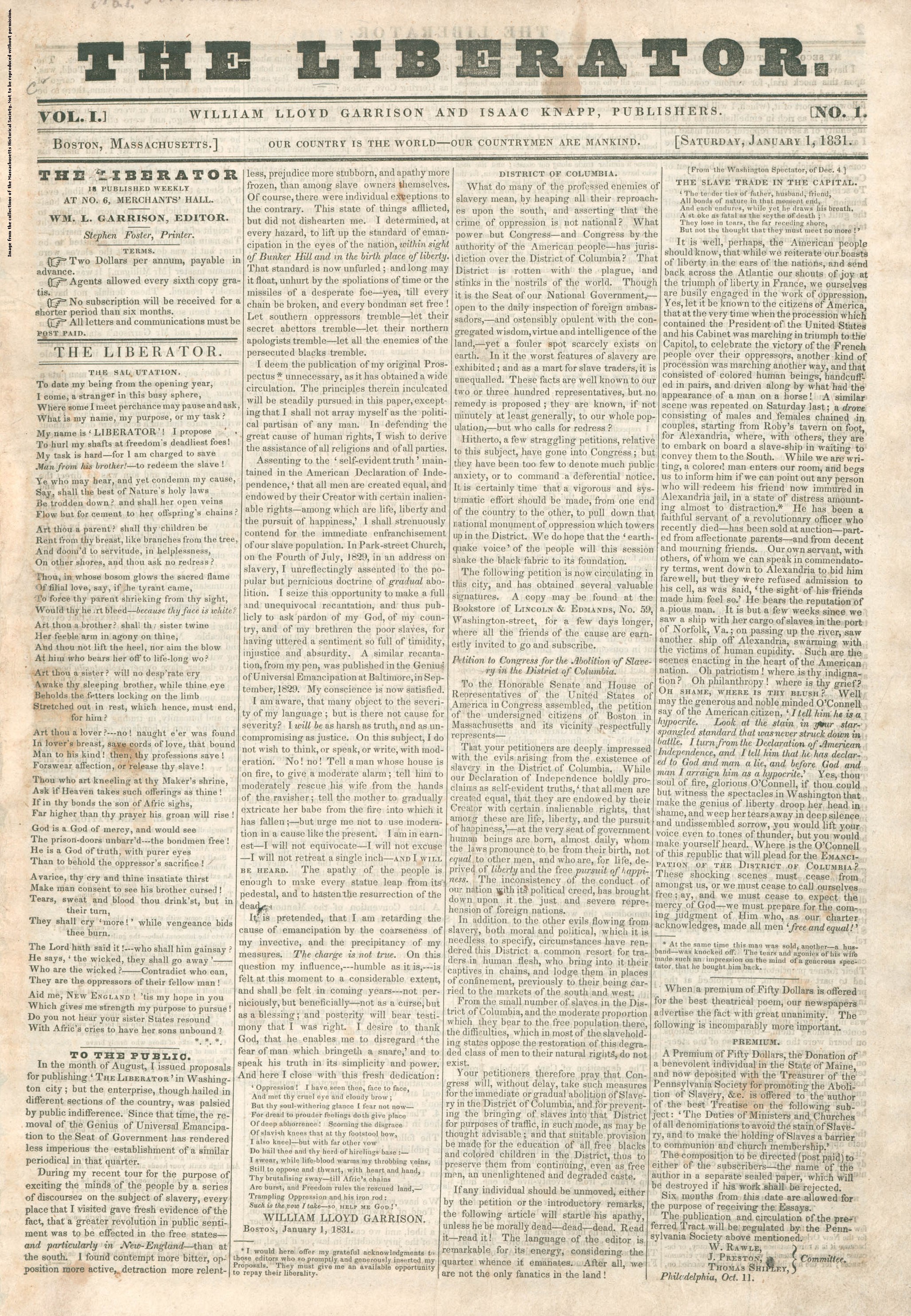 First issue of The Liberator, William Lloyd Garrison's abolitionist paper, 1 January 1831.