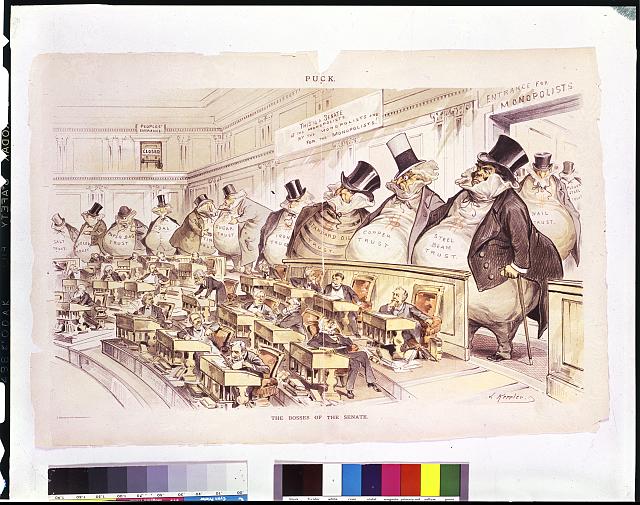 Political cartoon showing large business figures towering over senators.