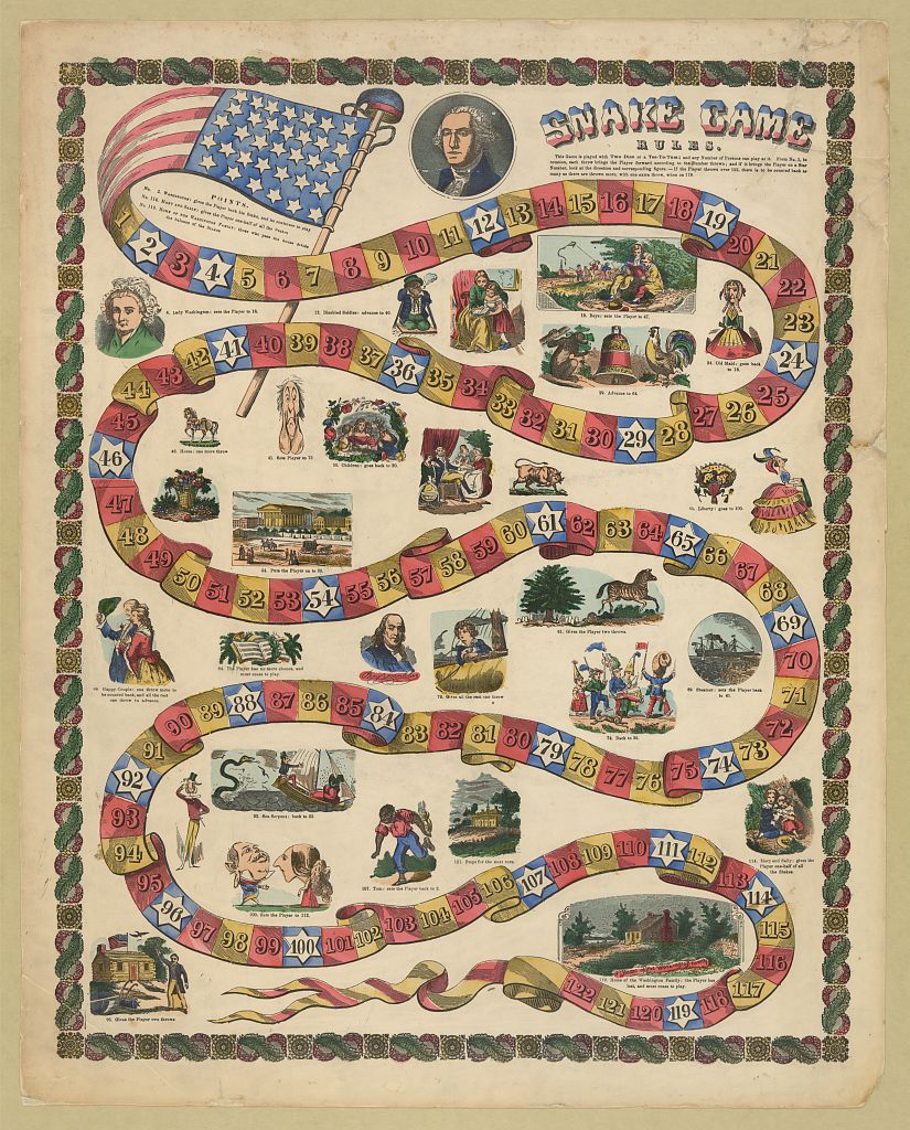 Hand-colored Snake game board with numbered spaces.