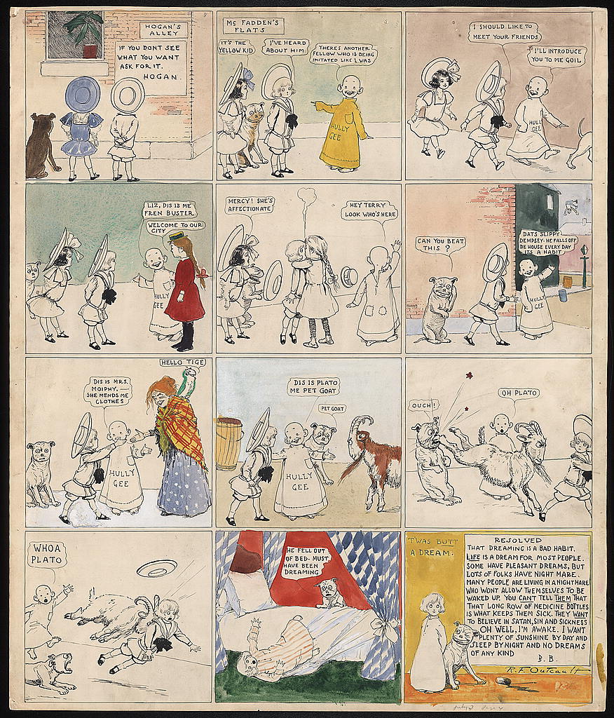 Twelve-panel Yellow Kid comic strip drawn in ink and watercolor.