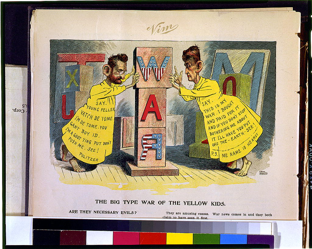 Pulitzer and Hearst depicted as Yellow Kid figures pushing blocks spelling war.