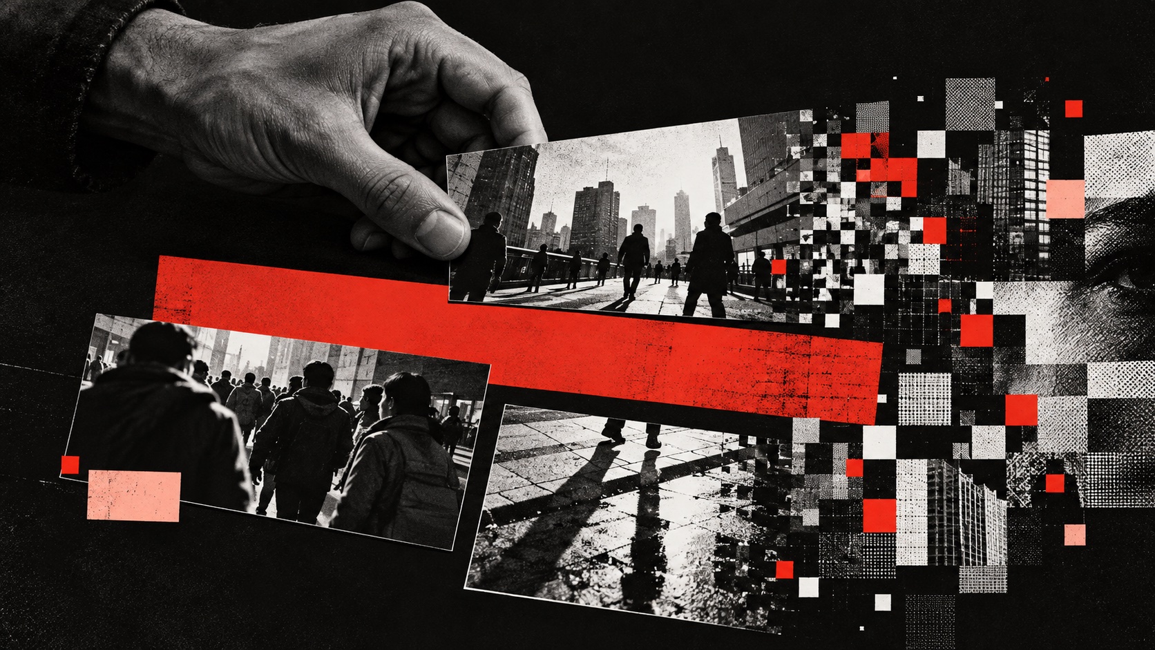 A grayscale hand arranges city photographs that dissolve into a field of pixels, with red geometric blocks against a grainy black background.